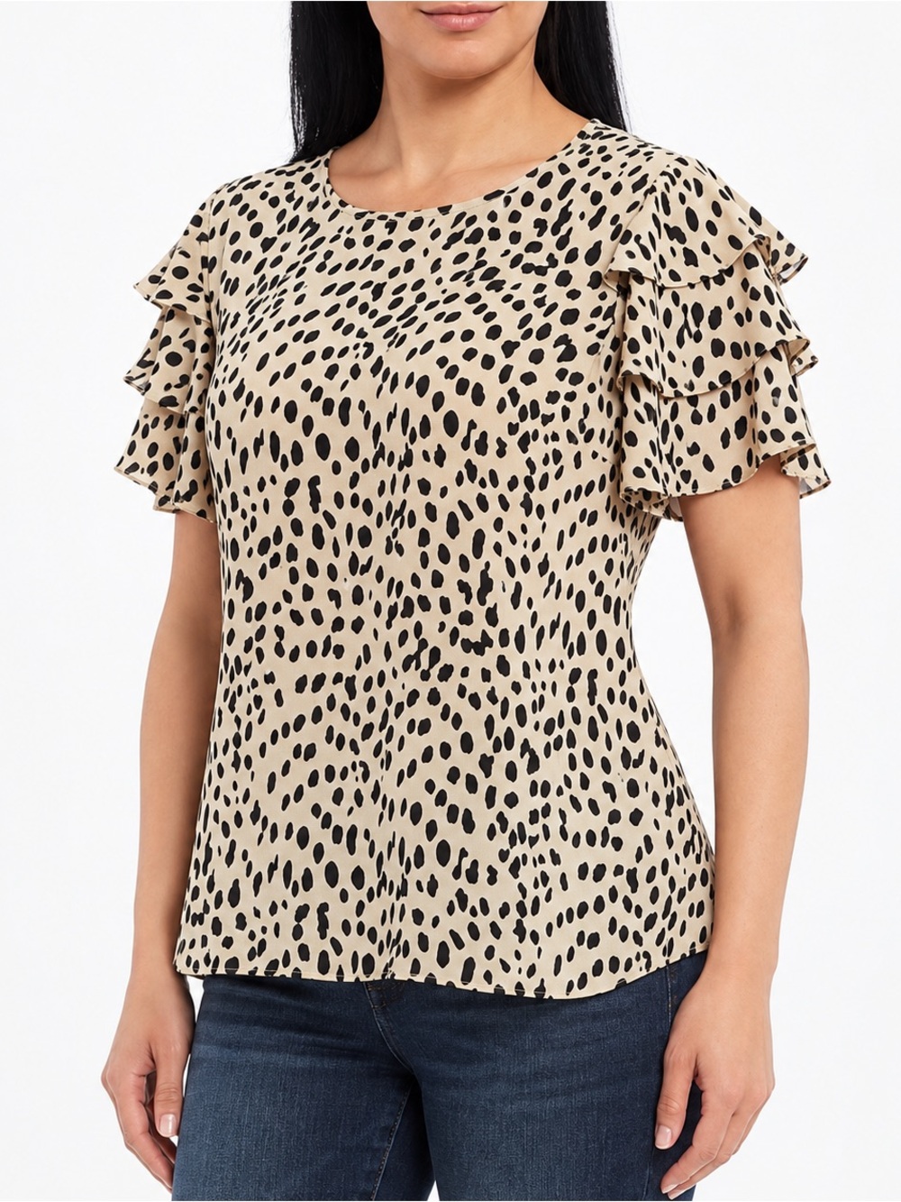 Vince Camuto Beige and Black Leopard Ruffle Sleeve Blouse